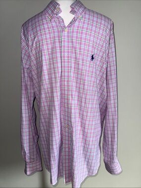 Ralph Lauren Men’s Large Pink Green White Plaid Button-Down Shirt Blue Pony